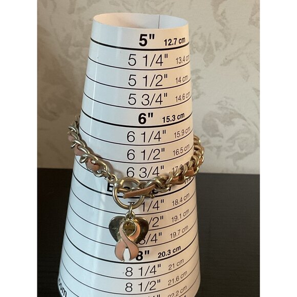 Breast Cancer Awareness Bracelet Woven Pink Ribbon Charm Silver Chain Adjustable - Picture 2 of 4